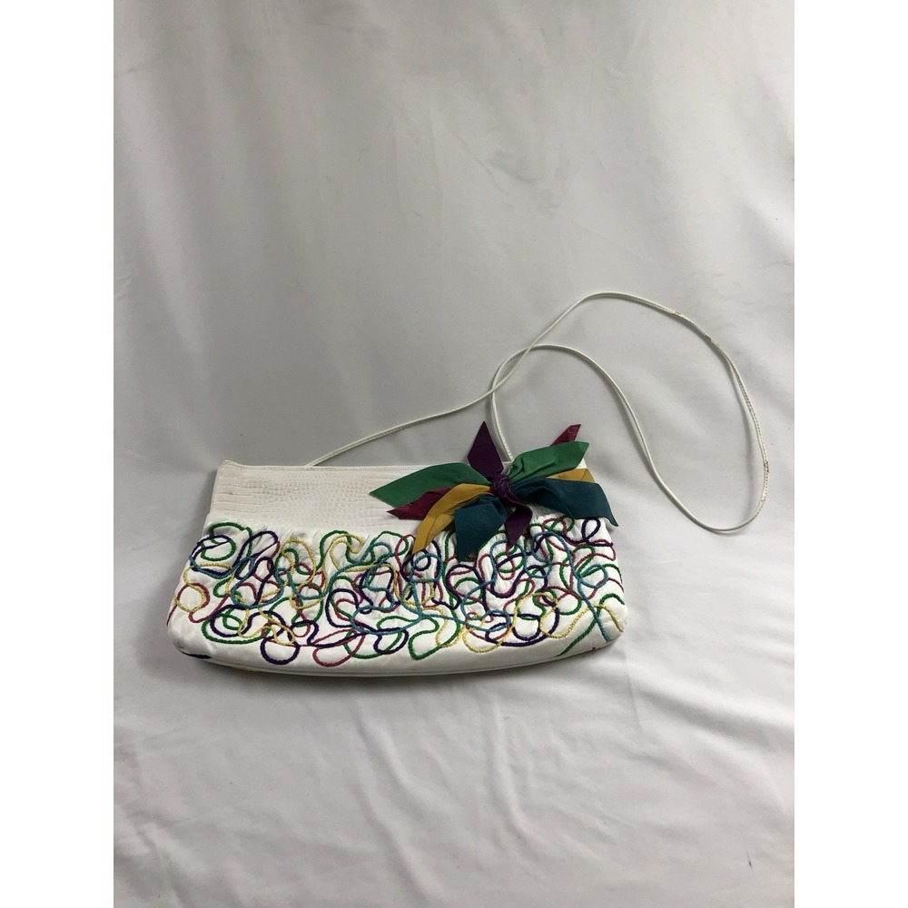 Vintage 80s Opulent Containers White Leather Crossbody Bag Abstract Bow Clutch - Picture 2 of 10